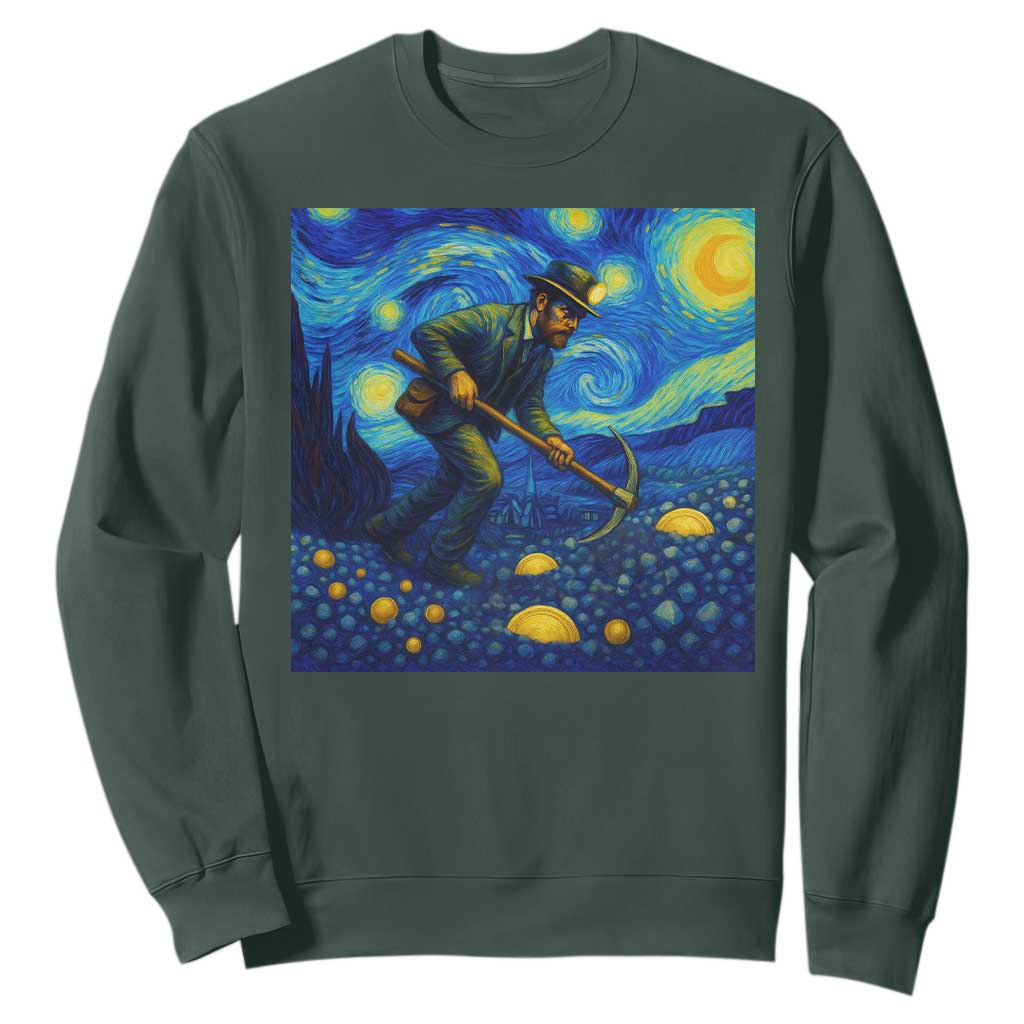 Gold Miner Starry Night Van Gogh Sweatshirt TS14 Dark Forest Green Print Your Wear