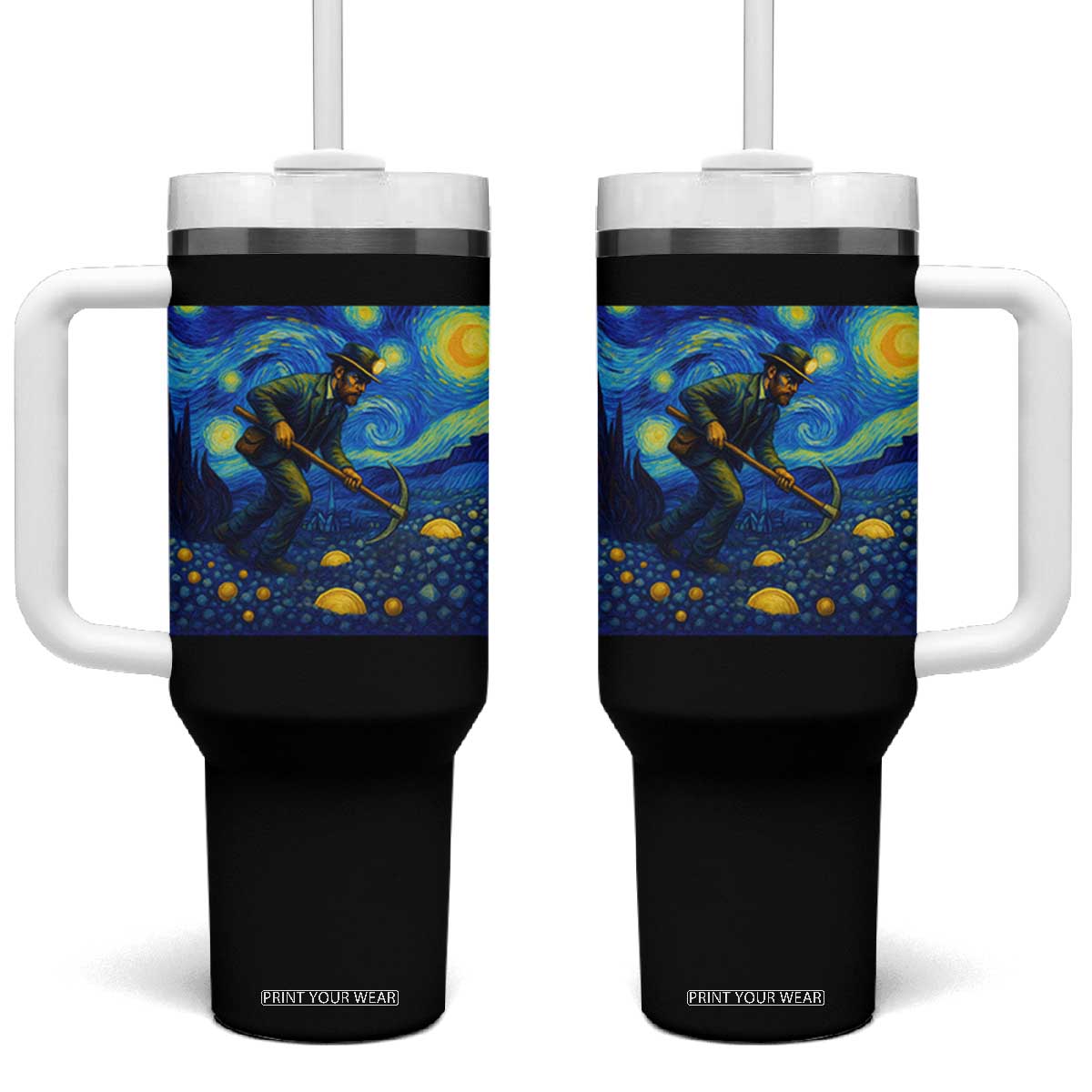 Gold Miner Starry Night Van Gogh Tumbler With Handle TS14 One Size: 40 oz Black Print Your Wear
