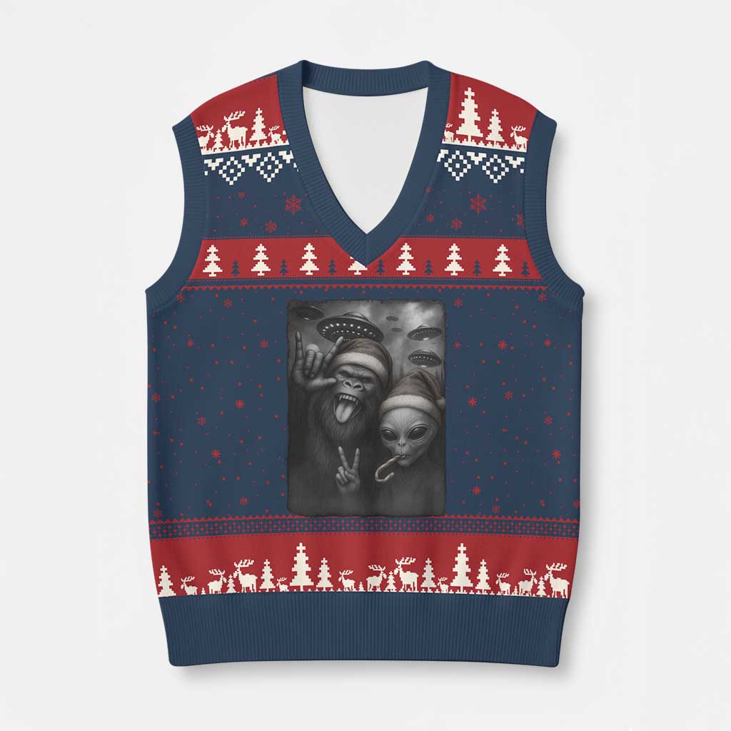 Bigfoot UFO Selife V-Neck Knit Sweater Vest Sasquatch Ailen Rock On Hand Xmas TS14 Navy Red Print Your Wear