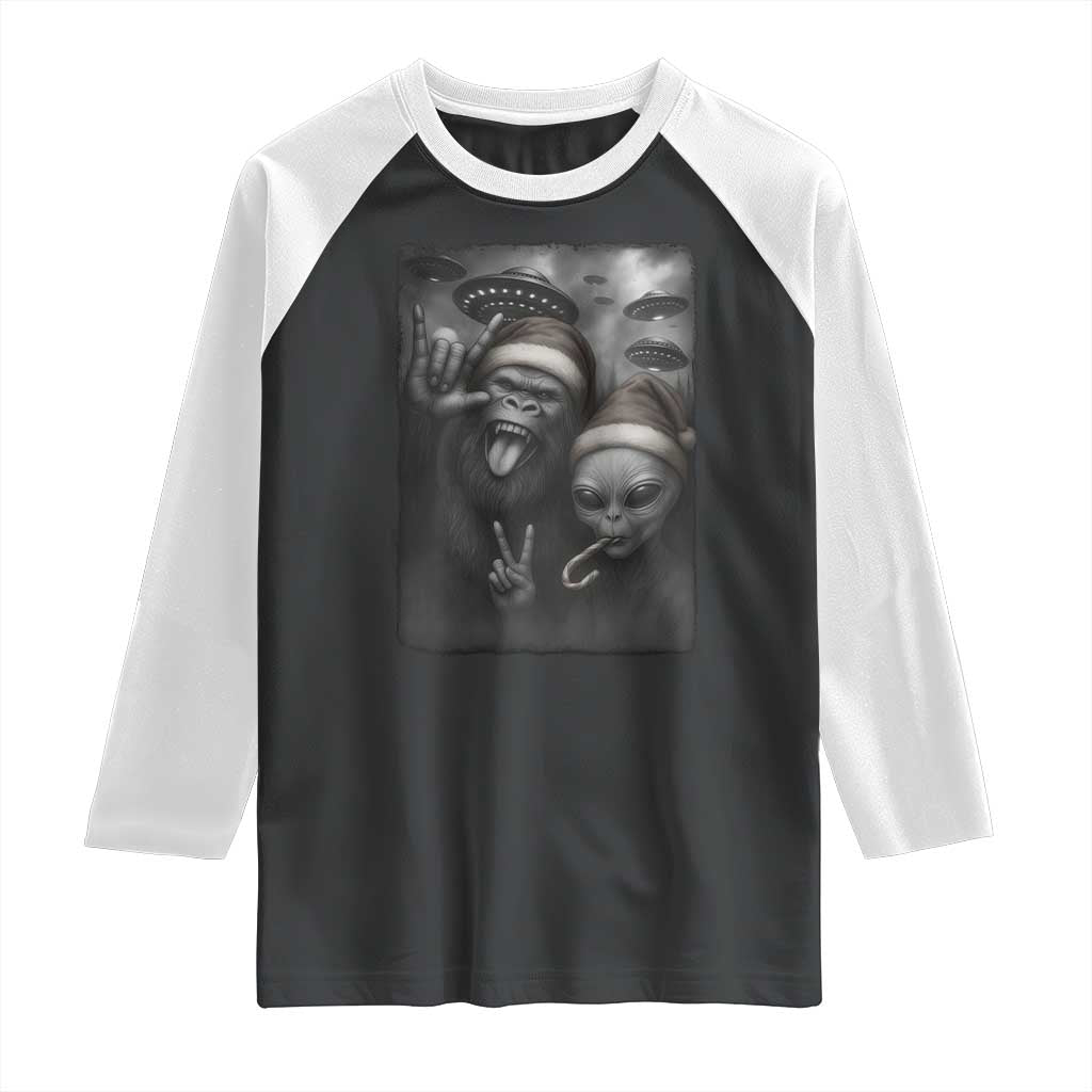Bigfoot UFO Selife Raglan Shirt Sasquatch Ailen Rock On Hand Christmas TS14 Black White Print Your Wear