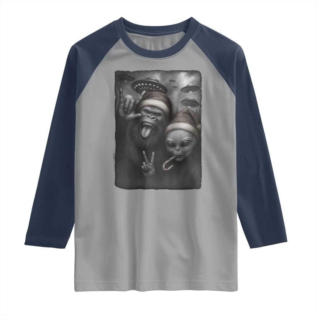 Bigfoot UFO Selife Raglan Shirt Sasquatch Ailen Rock On Hand Christmas TS14 Sport Gray Navy Print Your Wear