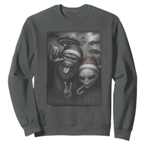 Bigfoot UFO Selife Sweatshirt Sasquatch Ailen Rock On Hand Christmas TS14 Dark Heather Print Your Wear