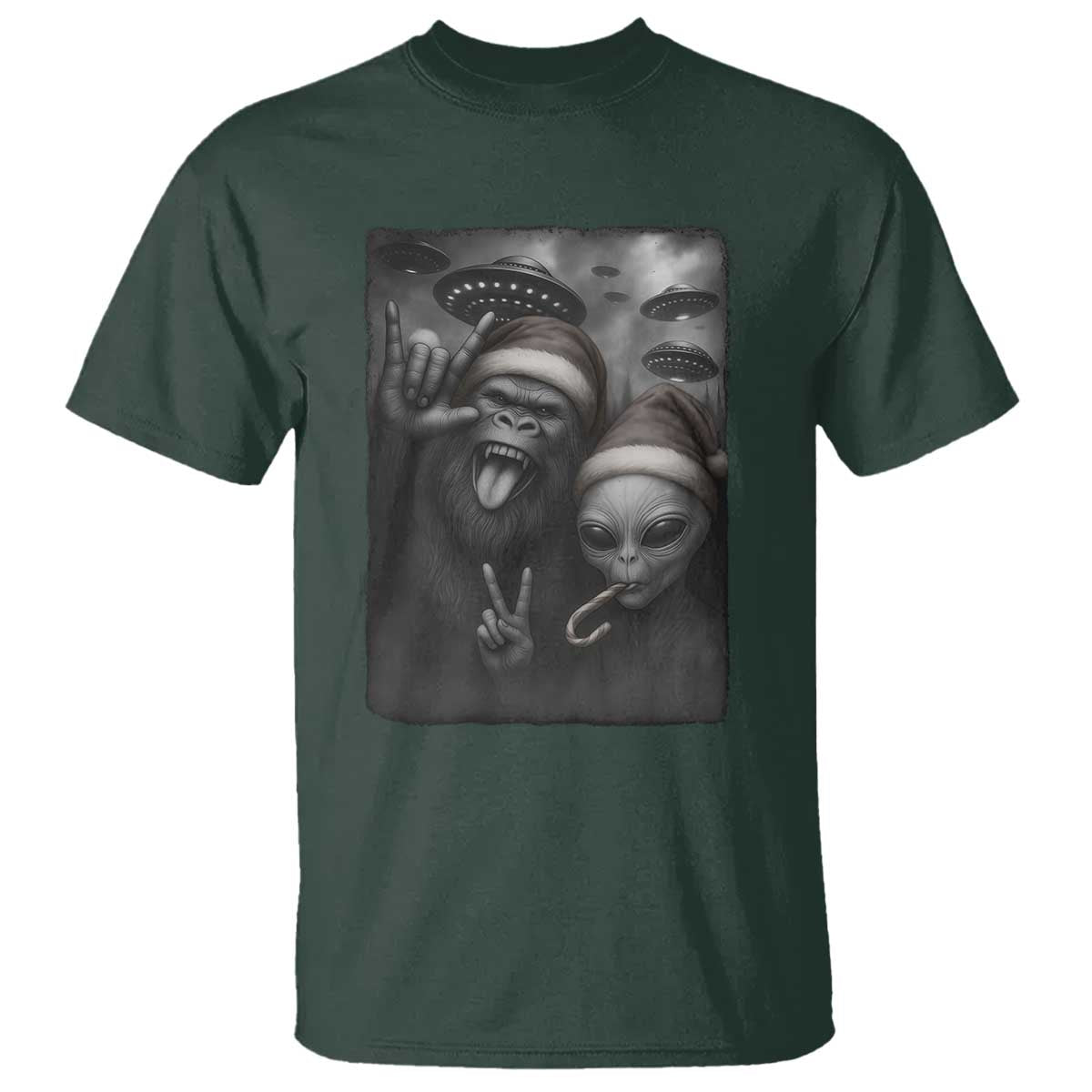 Bigfoot UFO Selife T Shirt Sasquatch Ailen Rock On Hand Christmas TS14 Dark Forest Green Print Your Wear