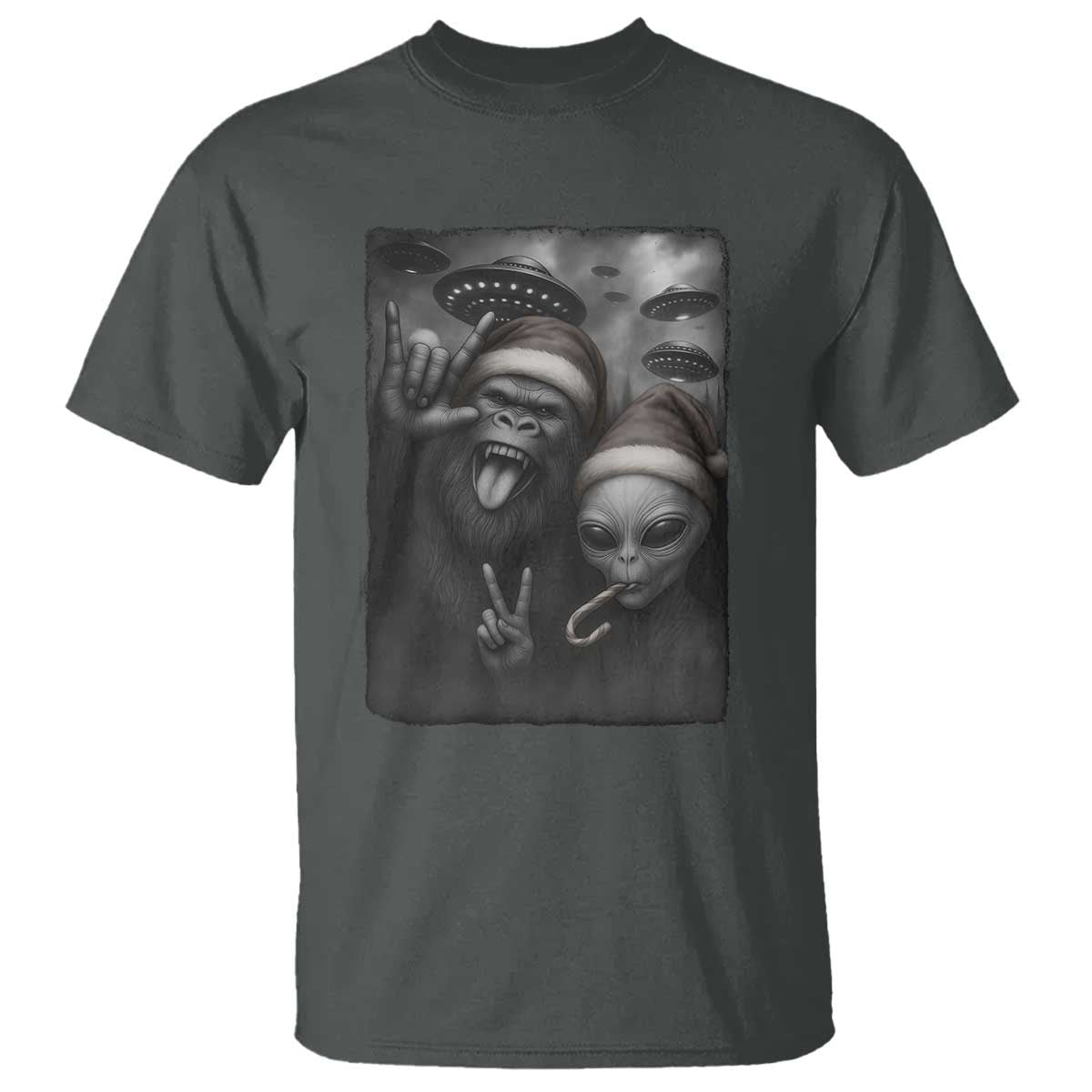 Bigfoot UFO Selife T Shirt Sasquatch Ailen Rock On Hand Christmas TS14 Dark Heather Print Your Wear
