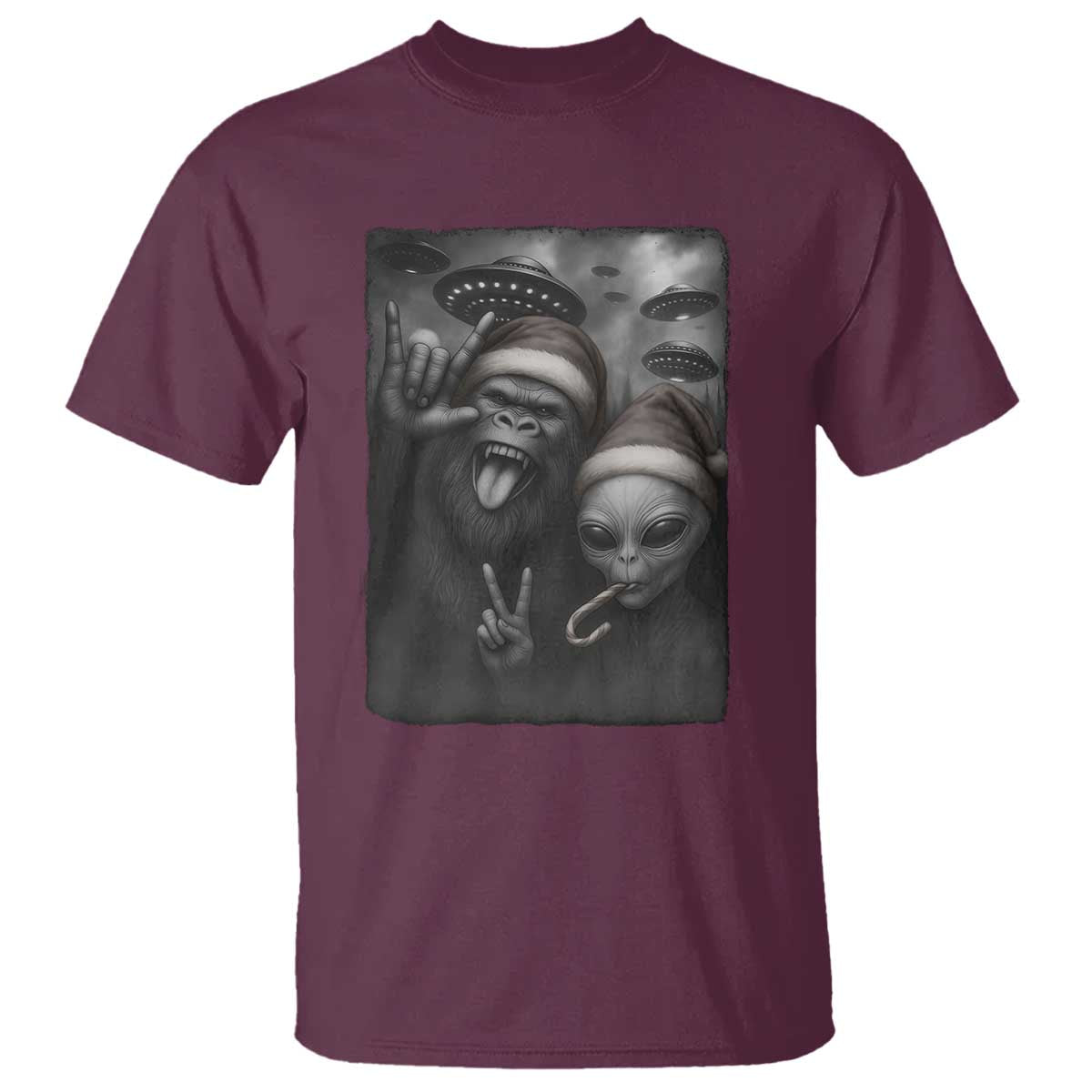 Bigfoot UFO Selife T Shirt Sasquatch Ailen Rock On Hand Christmas TS14 Maroon Print Your Wear