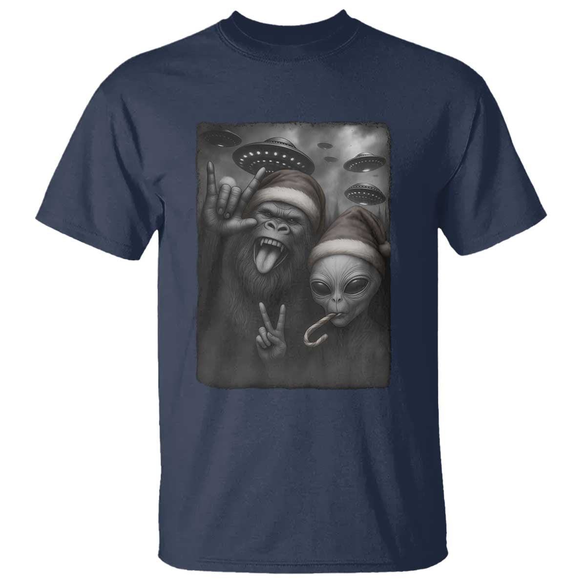 Bigfoot UFO Selife T Shirt Sasquatch Ailen Rock On Hand Christmas TS14 Navy Print Your Wear