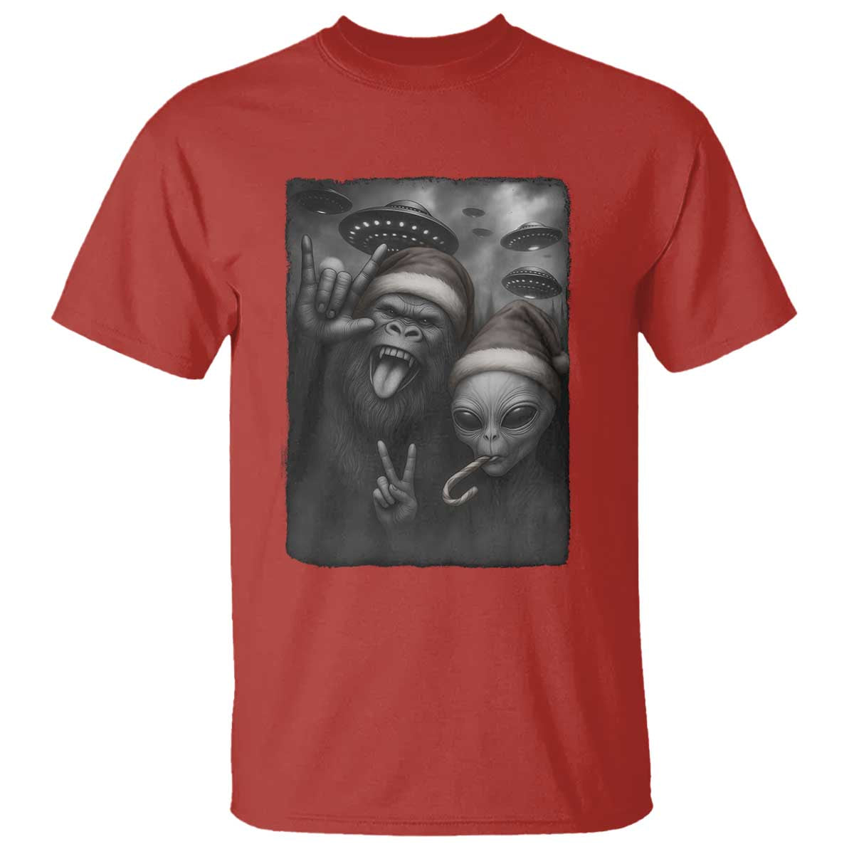 Bigfoot UFO Selife T Shirt Sasquatch Ailen Rock On Hand Christmas TS14 Red Print Your Wear