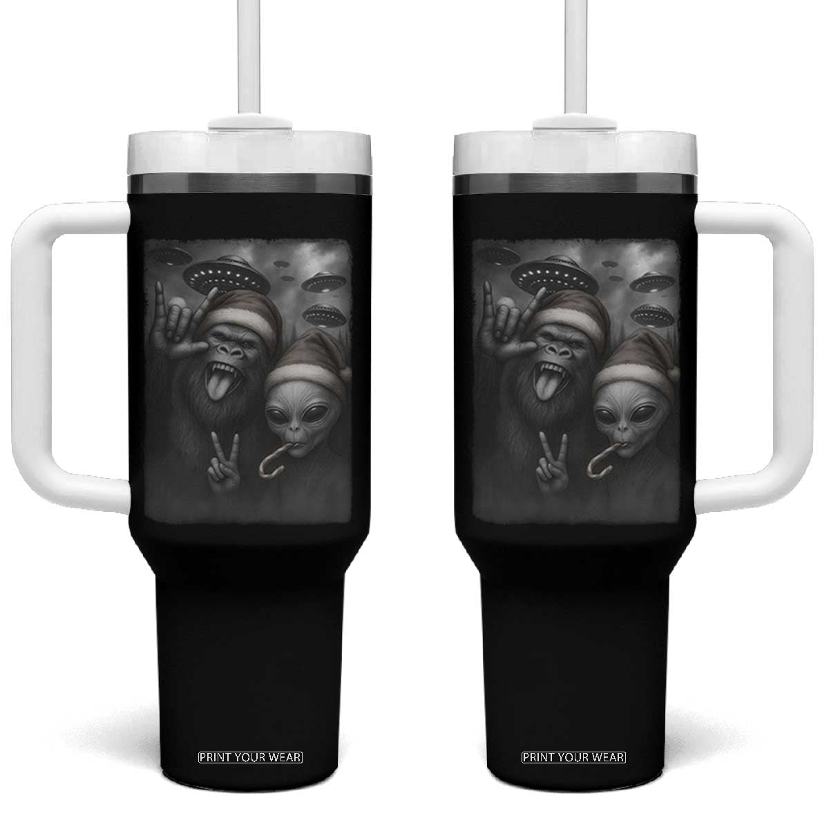 Bigfoot UFO Selife Tumbler With Handle Sasquatch Ailen Rock On Hand Christmas TS14 One Size: 40 oz Black Print Your Wear