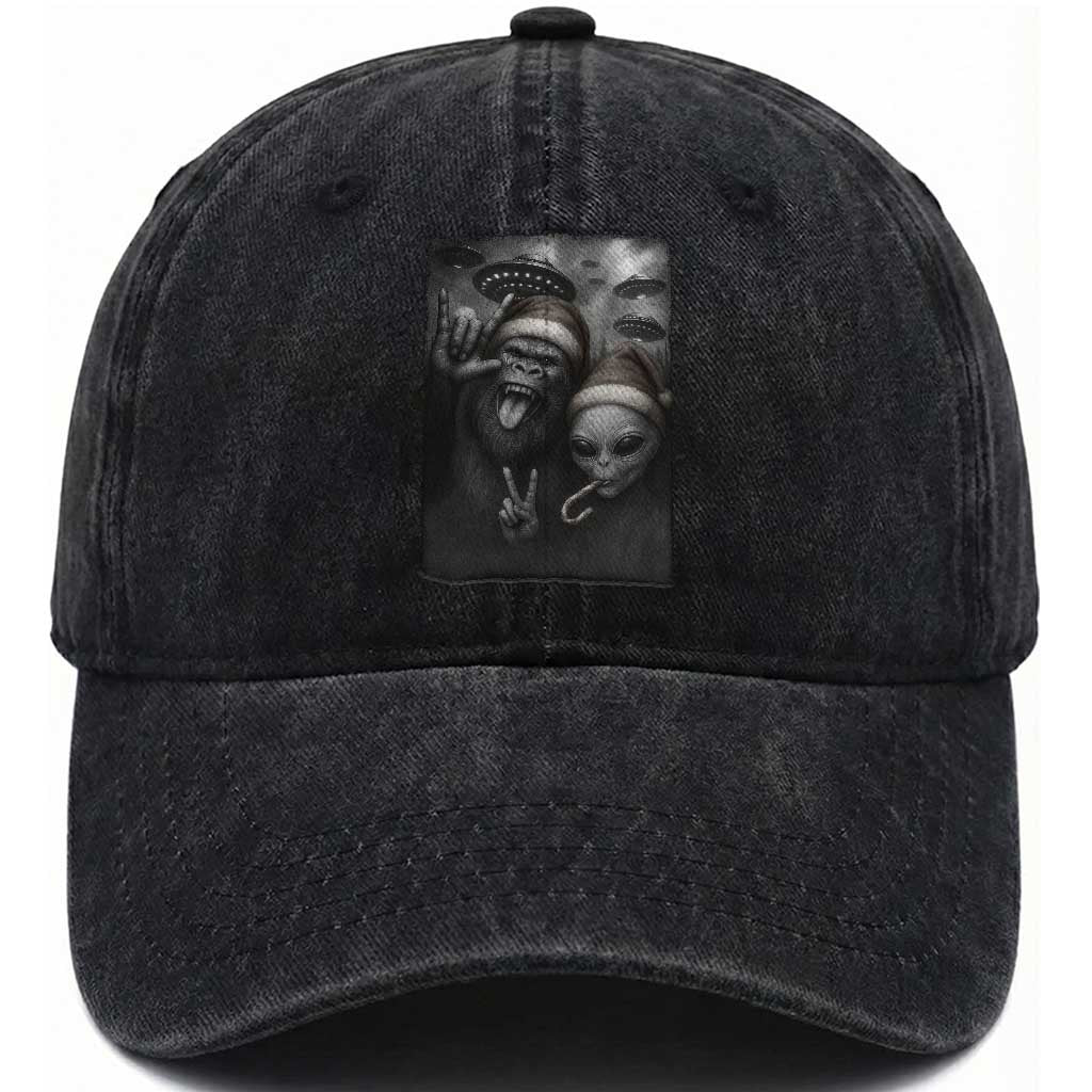 Bigfoot UFO Selife Washed Cotton Baseball Cap Sasquatch Ailen Rock On Hand Christmas TS14 Washed Cap Universal Fit Black Print Your Wear