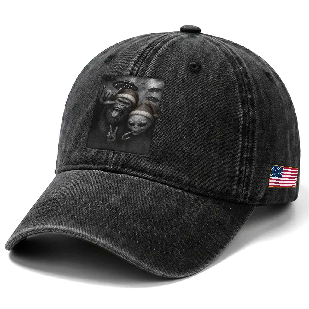 Bigfoot UFO Selife Washed Cotton Baseball Cap Sasquatch Ailen Rock On Hand Christmas TS14 Print Your Wear