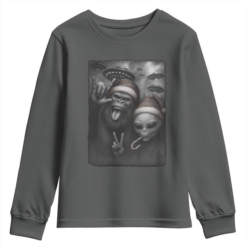 Bigfoot UFO Selife Youth Sweatshirt Sasquatch Ailen Rock On Hand Christmas TS14 Dark Heather Print Your Wear