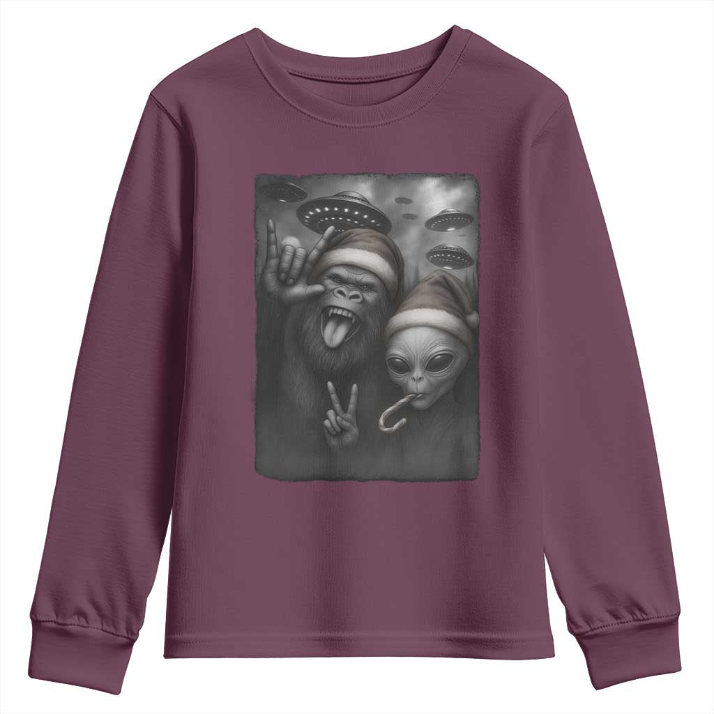Bigfoot UFO Selife Youth Sweatshirt Sasquatch Ailen Rock On Hand Christmas TS14 Maroon Print Your Wear