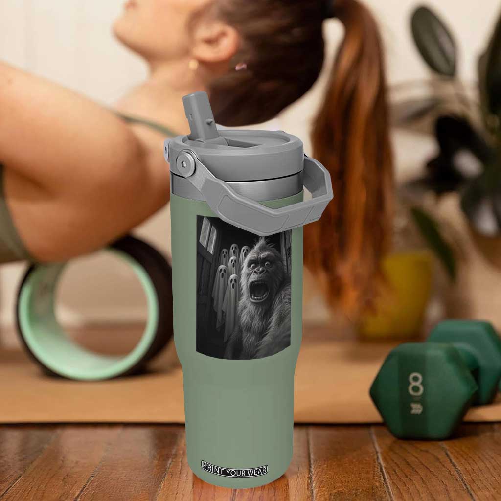 Funny Bigfoot Selfie Halloween Flip Straw Tumbler Sasquatch Ghost Haunted House TS14 One Size: 30 oz Moss Green Print Your Wear