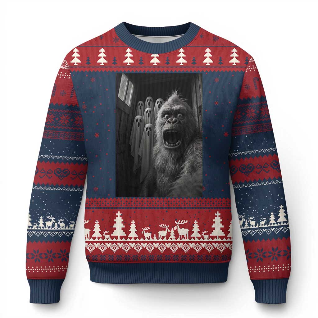Funny Bigfoot Selfie Halloween Ugly Christmas Sweater Sasquatch Ghost Haunted House TS14 Navy Red Print Your Wear