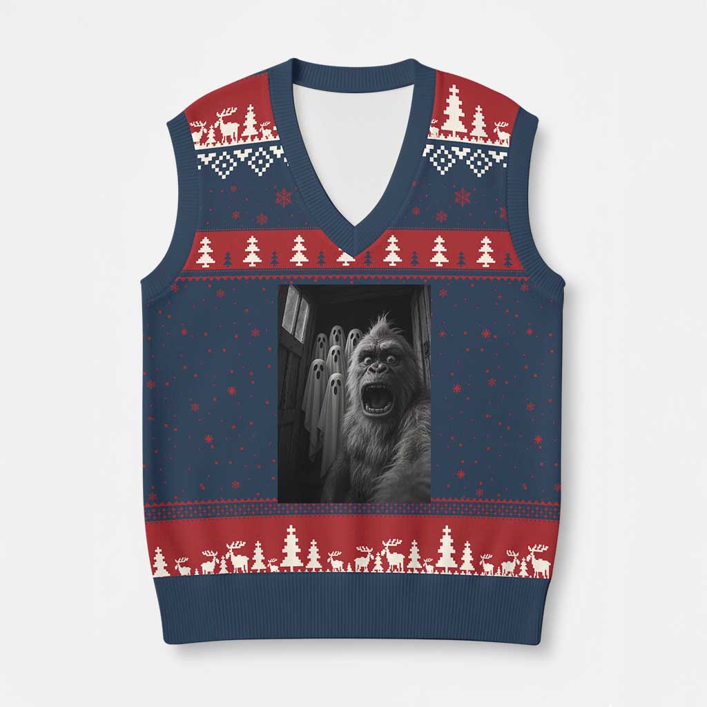 Funny Bigfoot Selfie Halloween V-Neck Knit Sweater Vest Sasquatch Ghost Haunted House TS14 Navy Red Print Your Wear