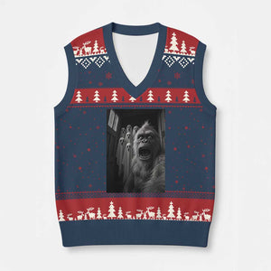 Funny Bigfoot Selfie Halloween V-Neck Knit Sweater Vest Sasquatch Ghost Haunted House TS14 Navy Red Print Your Wear