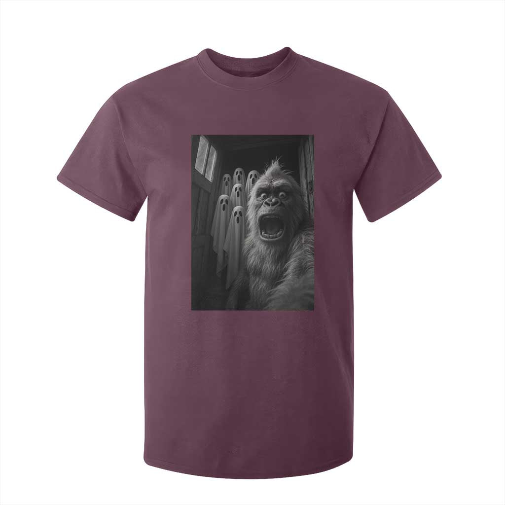 Funny Bigfoot Selfie Halloween T Shirt For Kid Sasquatch Ghost Haunted House TS14 Maroon Print Your Wear