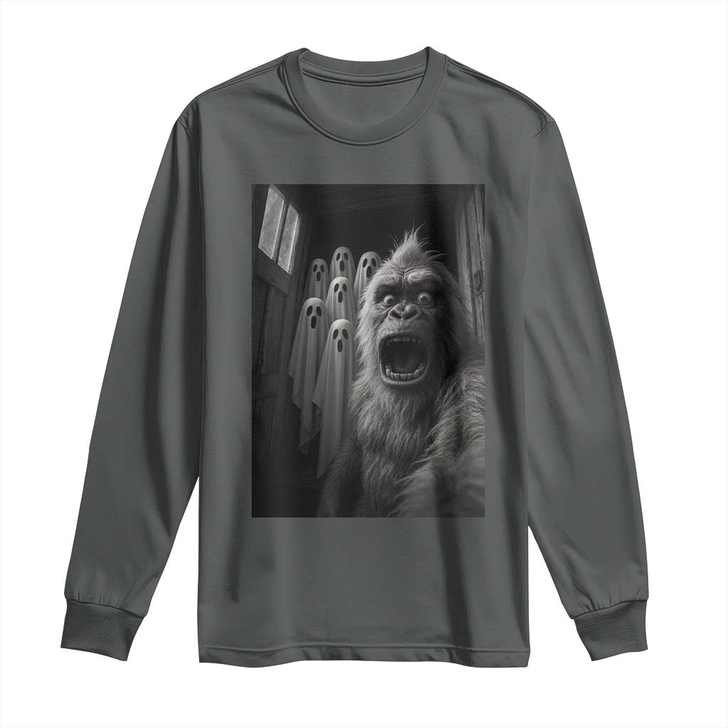 Funny Bigfoot Selfie Halloween Long Sleeve Shirt Sasquatch Ghost Haunted House TS14 Dark Heather Print Your Wear
