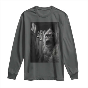 Funny Bigfoot Selfie Halloween Long Sleeve Shirt Sasquatch Ghost Haunted House TS14 Dark Heather Print Your Wear