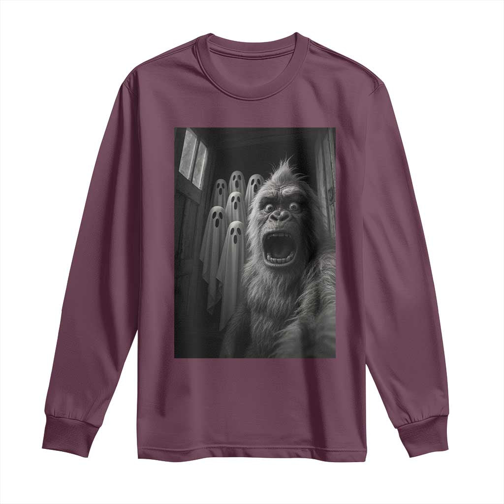 Funny Bigfoot Selfie Halloween Long Sleeve Shirt Sasquatch Ghost Haunted House TS14 Maroon Print Your Wear