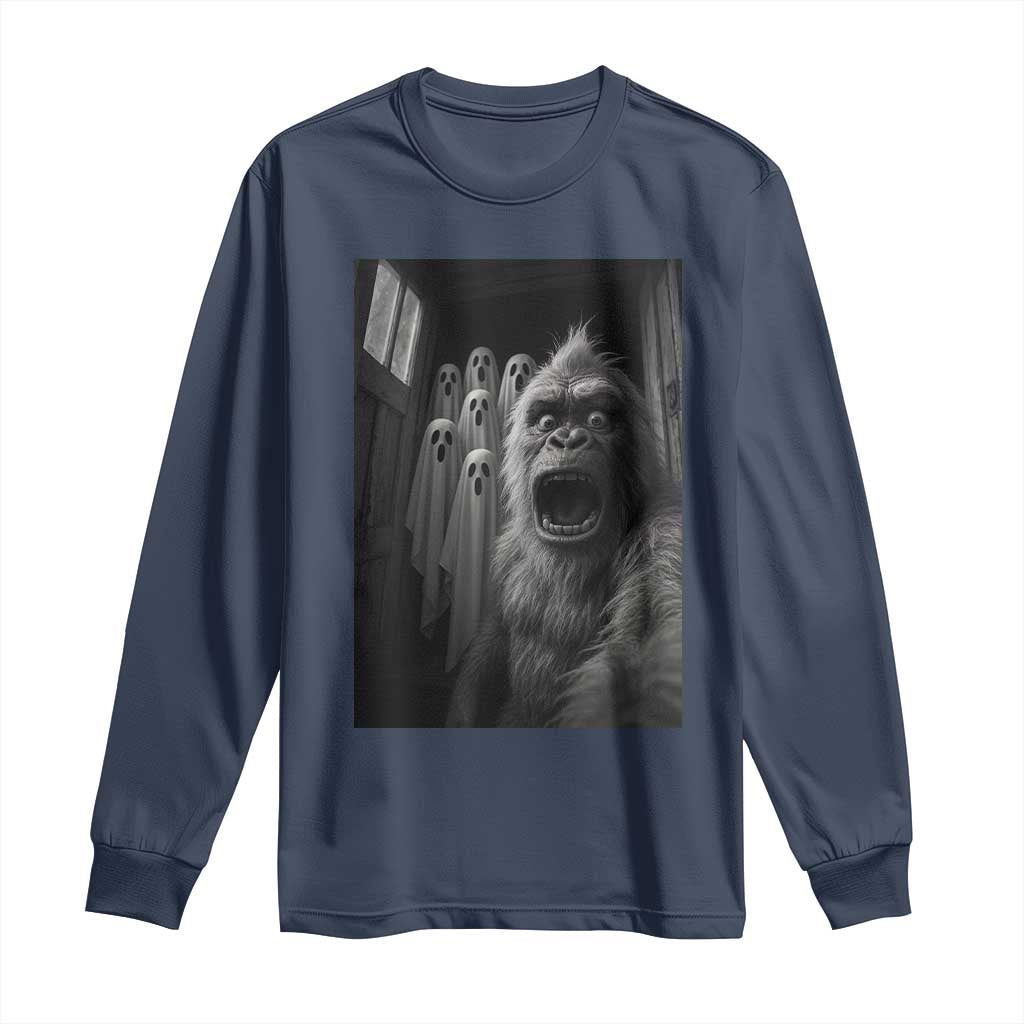 Funny Bigfoot Selfie Halloween Long Sleeve Shirt Sasquatch Ghost Haunted House TS14 Navy Print Your Wear