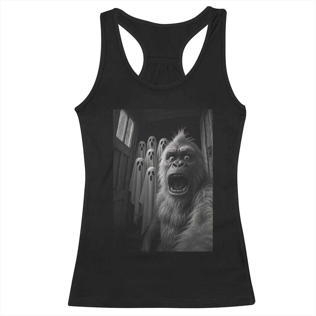 Funny Bigfoot Selfie Halloween Racerback Tank Top Sasquatch Ghost Haunted House - Print Your Wear