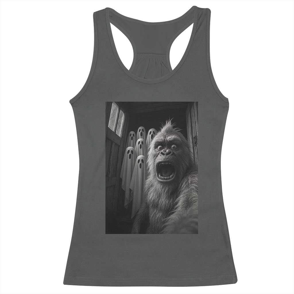 Funny Bigfoot Selfie Halloween Racerback Tank Top Sasquatch Ghost Haunted House TS14 Dark Heather Print Your Wear