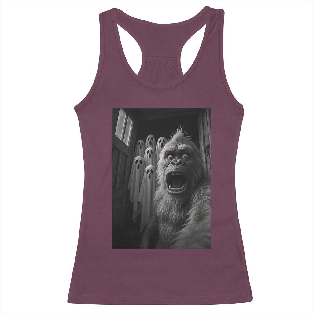 Funny Bigfoot Selfie Halloween Racerback Tank Top Sasquatch Ghost Haunted House TS14 Maroon Print Your Wear