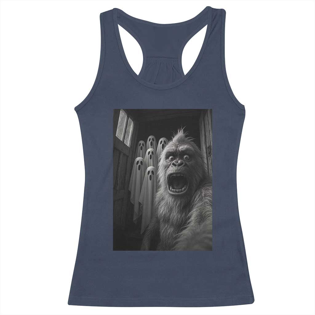 Funny Bigfoot Selfie Halloween Racerback Tank Top Sasquatch Ghost Haunted House TS14 Navy Print Your Wear