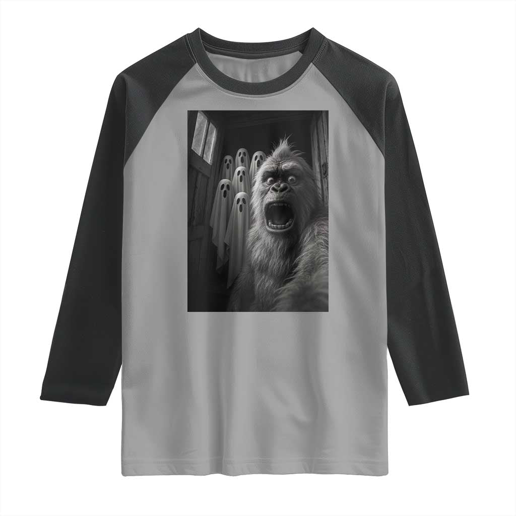 Funny Bigfoot Selfie Halloween Raglan Shirt Sasquatch Ghost Haunted House TS14 Sport Gray Black Print Your Wear