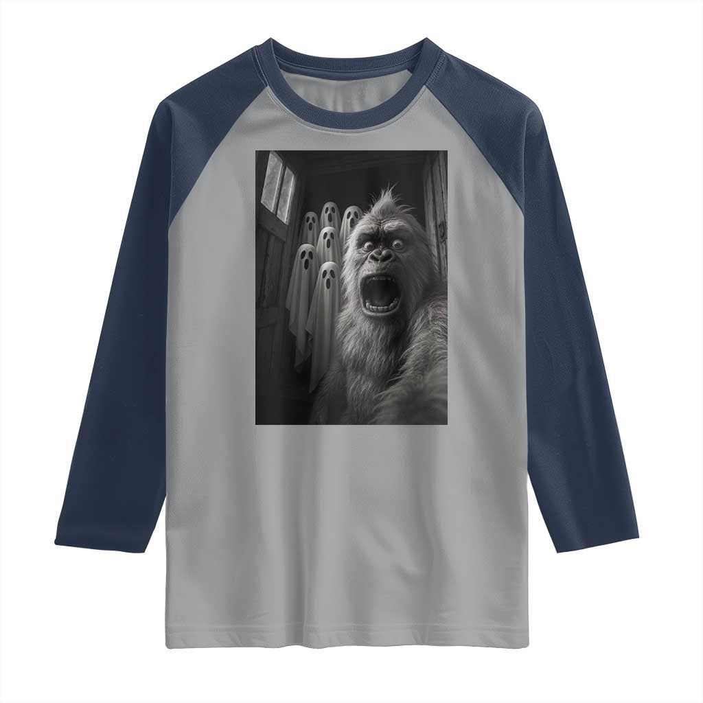 Funny Bigfoot Selfie Halloween Raglan Shirt Sasquatch Ghost Haunted House TS14 Sport Gray Navy Print Your Wear