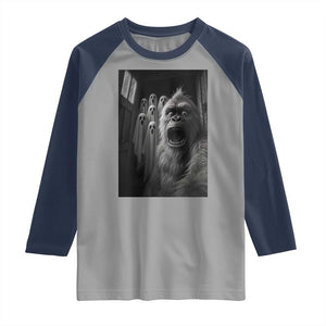Funny Bigfoot Selfie Halloween Raglan Shirt Sasquatch Ghost Haunted House TS14 Sport Gray Navy Print Your Wear