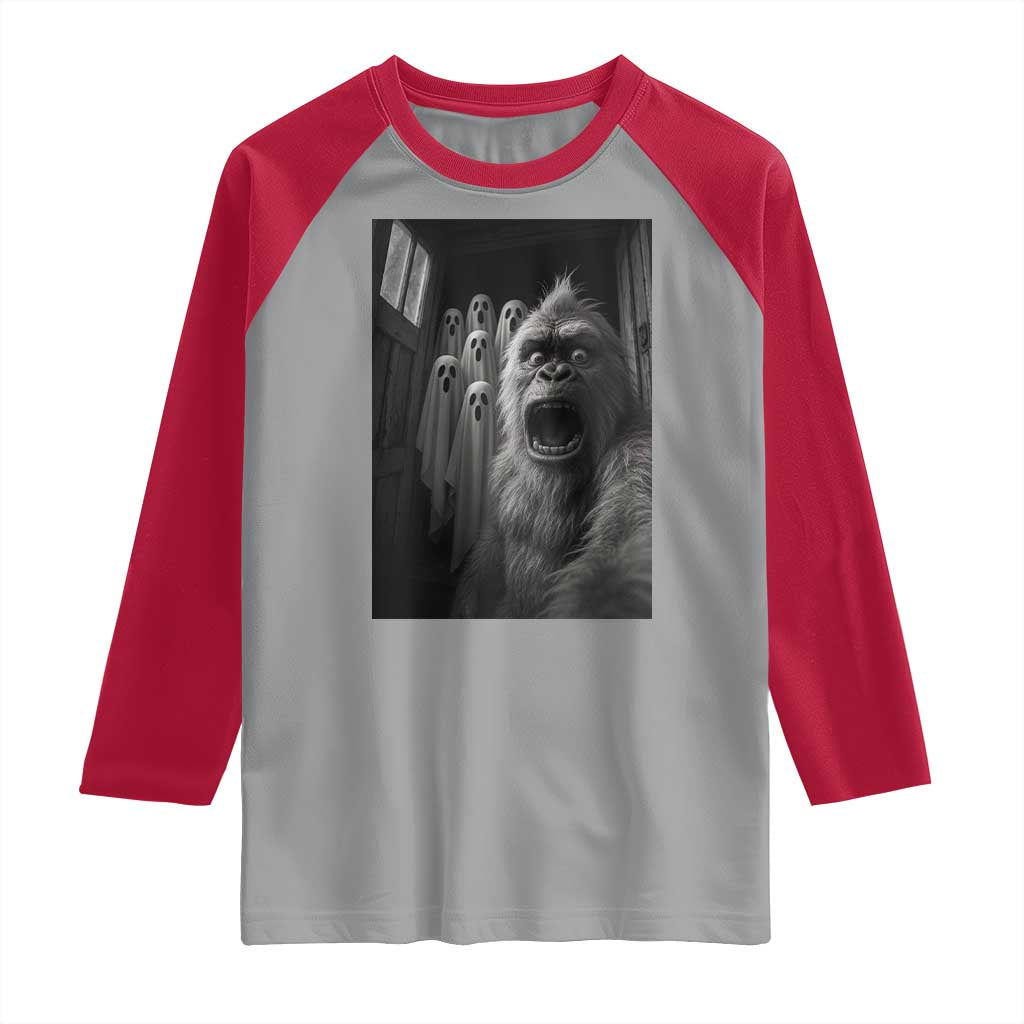 Funny Bigfoot Selfie Halloween Raglan Shirt Sasquatch Ghost Haunted House TS14 Sport Gray Red Print Your Wear