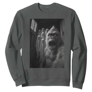 Funny Bigfoot Selfie Halloween Sweatshirt Sasquatch Ghost Haunted House TS14 Dark Heather Print Your Wear