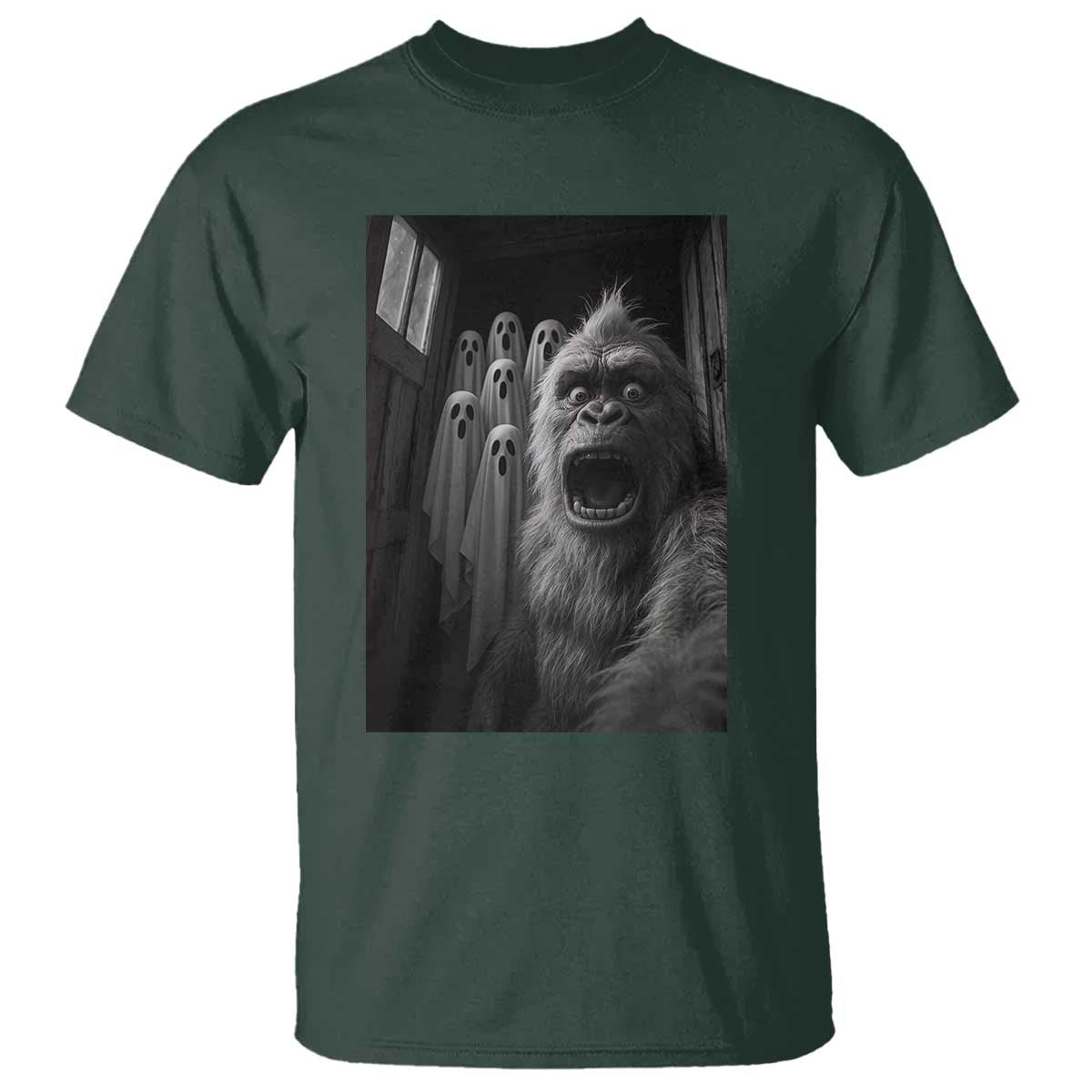 Funny Bigfoot Selfie Halloween T Shirt Sasquatch Ghost Haunted House TS14 Dark Forest Green Print Your Wear