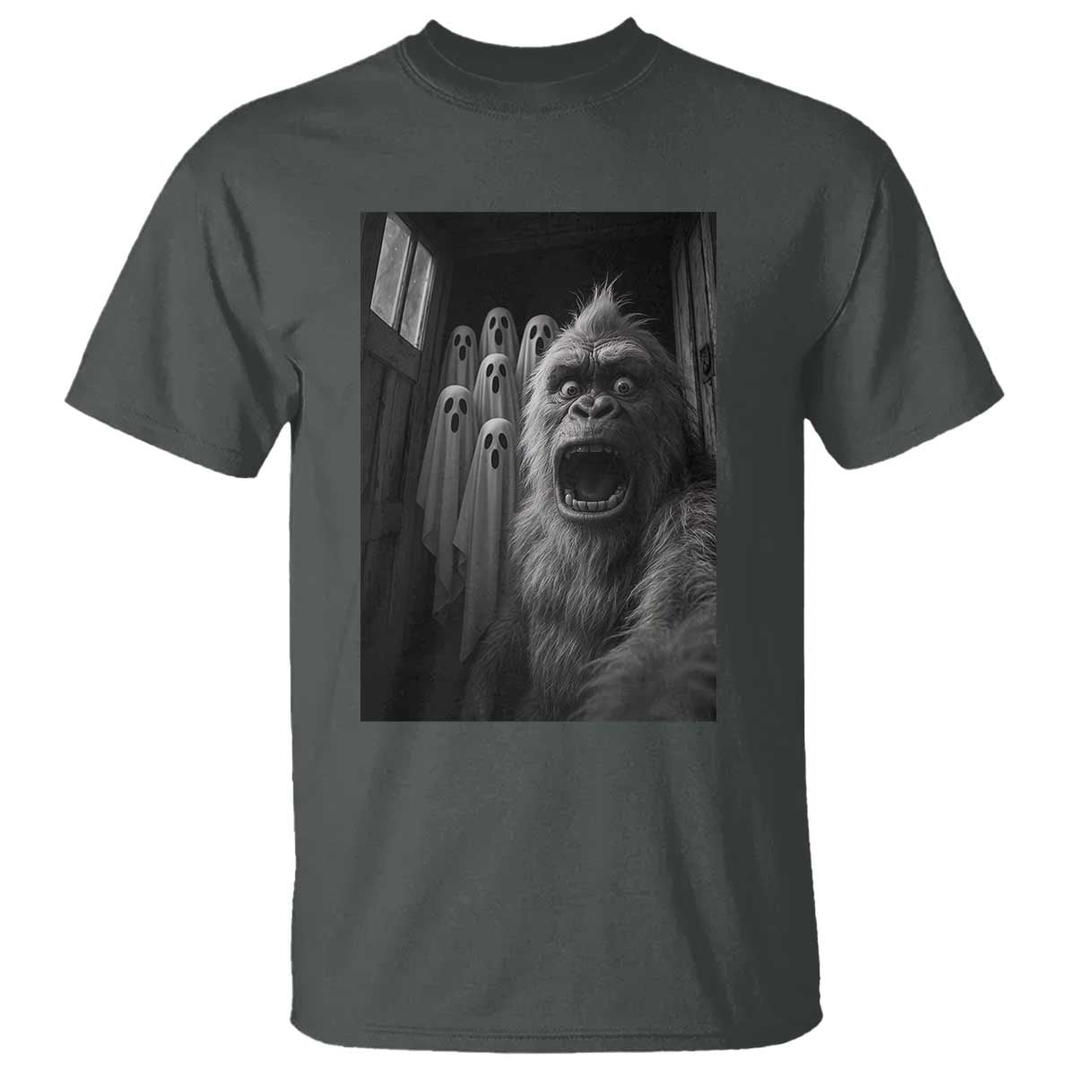 Funny Bigfoot Selfie Halloween T Shirt Sasquatch Ghost Haunted House TS14 Dark Heather Print Your Wear