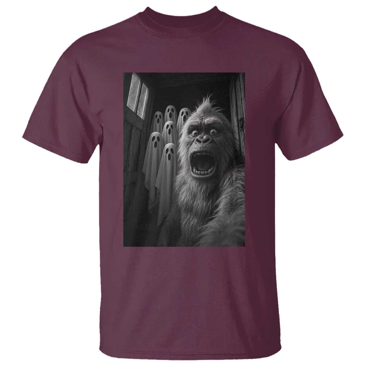 Funny Bigfoot Selfie Halloween T Shirt Sasquatch Ghost Haunted House TS14 Maroon Print Your Wear