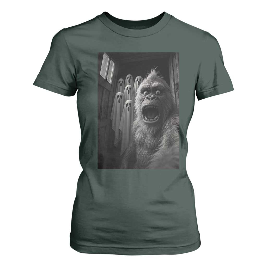 Funny Bigfoot Selfie Halloween T Shirt For Women Sasquatch Ghost Haunted House TS14 Dark Forest Green Print Your Wear