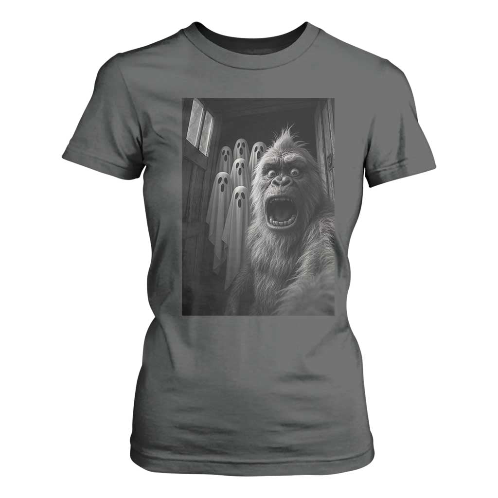 Funny Bigfoot Selfie Halloween T Shirt For Women Sasquatch Ghost Haunted House TS14 Dark Heather Print Your Wear