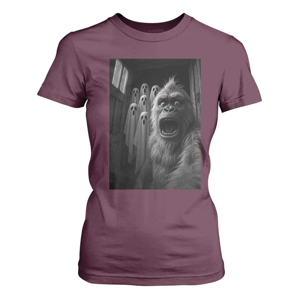 Funny Bigfoot Selfie Halloween T Shirt For Women Sasquatch Ghost Haunted House TS14 Maroon Print Your Wear