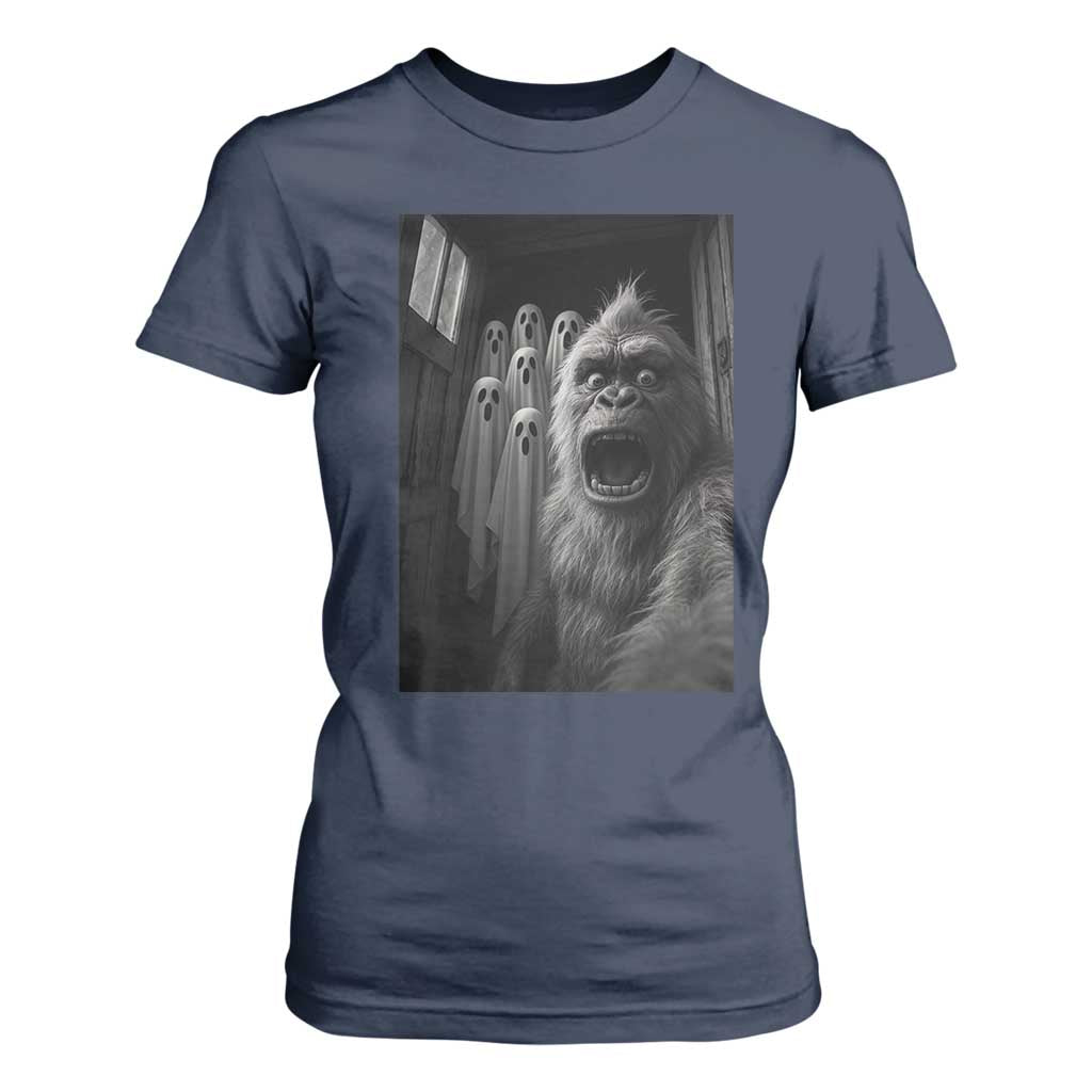 Funny Bigfoot Selfie Halloween T Shirt For Women Sasquatch Ghost Haunted House TS14 Navy Print Your Wear