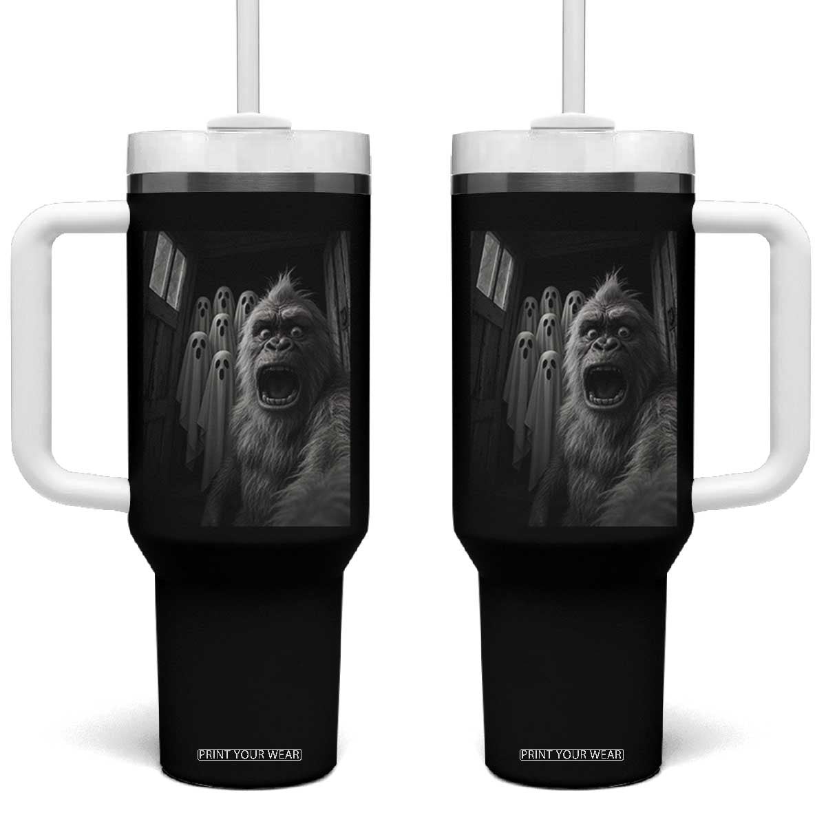 Funny Bigfoot Selfie Halloween Tumbler With Handle Sasquatch Ghost Haunted House TS14 One Size: 40 oz Black Print Your Wear