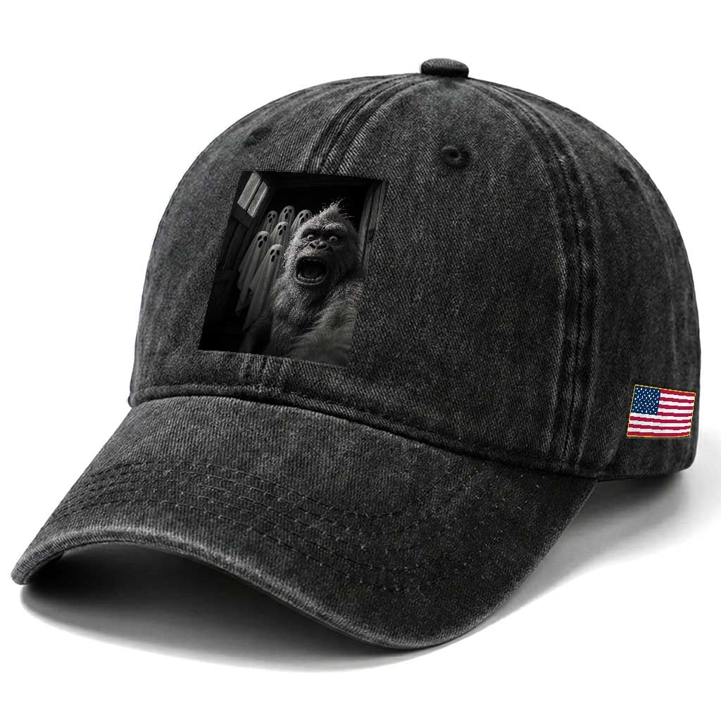 Funny Bigfoot Selfie Halloween Washed Cotton Baseball Cap Sasquatch Ghost Haunted House TS14 Print Your Wear