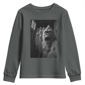 Funny Bigfoot Selfie Halloween Youth Sweatshirt Sasquatch Ghost Haunted House TS14 Dark Heather Print Your Wear