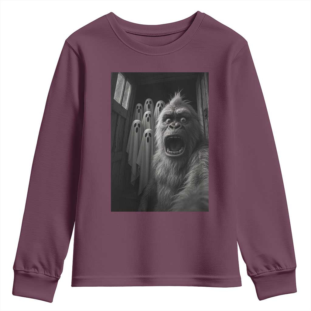 Funny Bigfoot Selfie Halloween Youth Sweatshirt Sasquatch Ghost Haunted House TS14 Maroon Print Your Wear