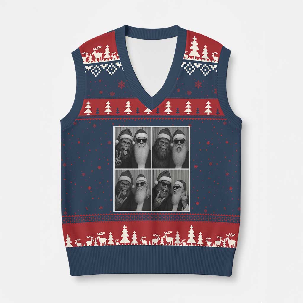 Funny Bigfoot Photobooth Xmas V-Neck Knit Sweater Vest Sasquatch Santa Claus Xmas TS14 Navy Red Print Your Wear