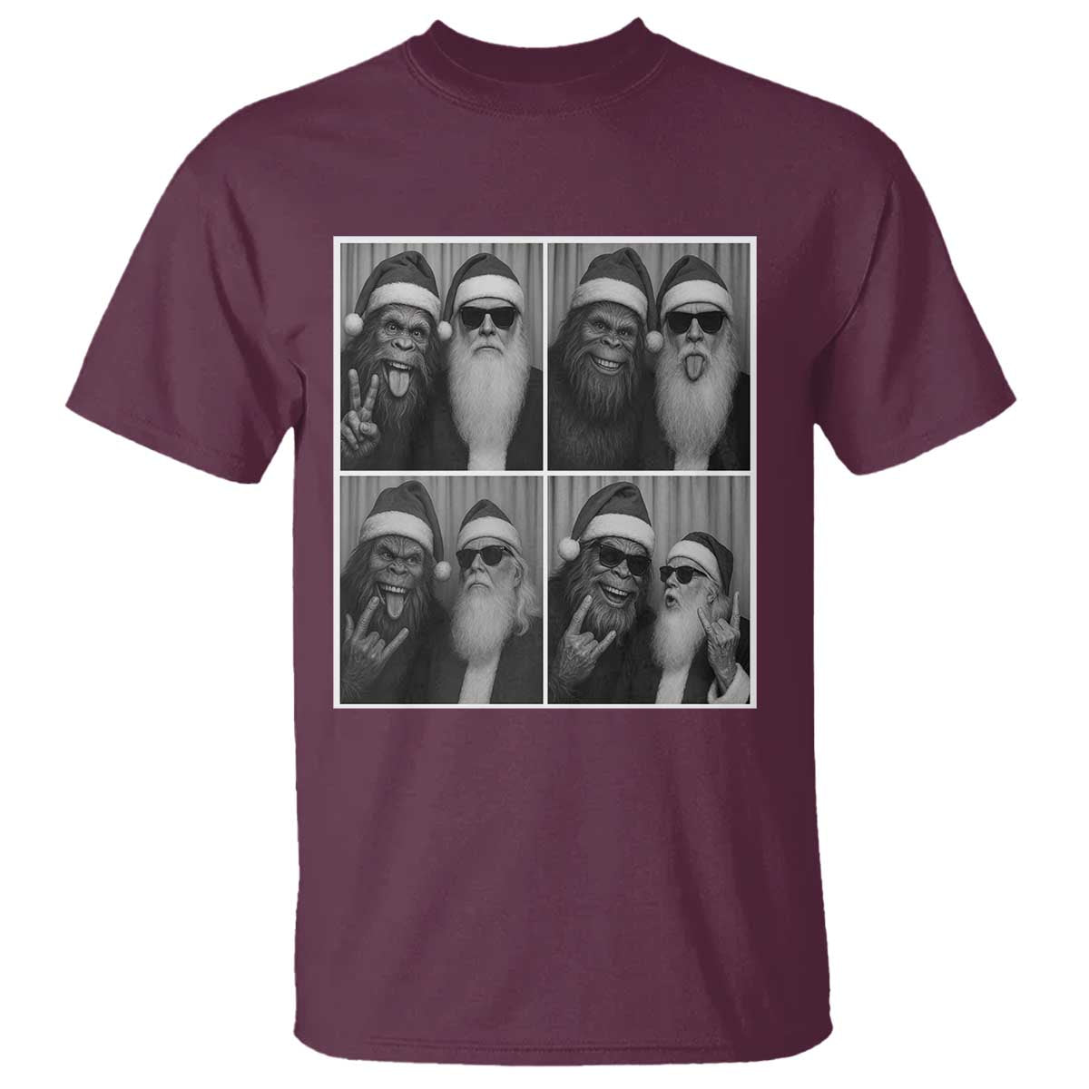 Funny Bigfoot Photobooth Christmas T Shirt Sasquatch Santa Claus Xmas TS14 Maroon Print Your Wear