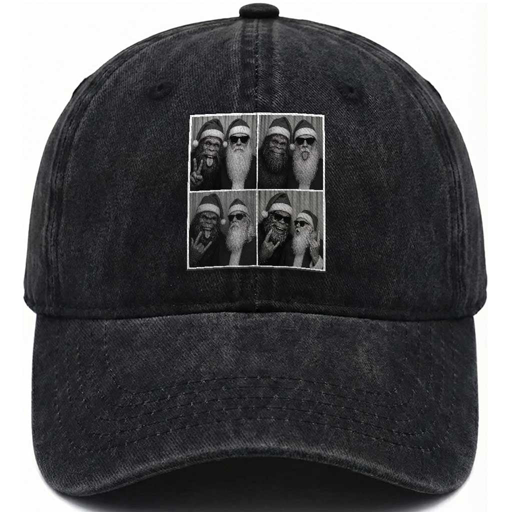 Funny Bigfoot Photobooth Christmas Washed Cotton Baseball Cap Sasquatch Santa Claus Xmas TS14 Washed Cap Universal Fit Black Print Your Wear