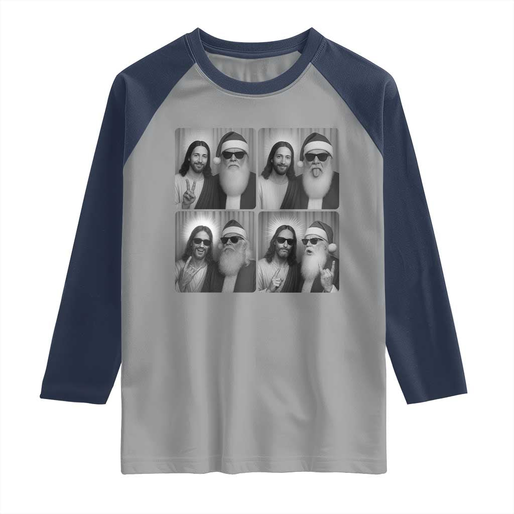 Funny Bigfoot Photobooth Christmas Raglan Shirt Sasquatch Jesus Christian Xmas TS14 Sport Gray Navy Print Your Wear