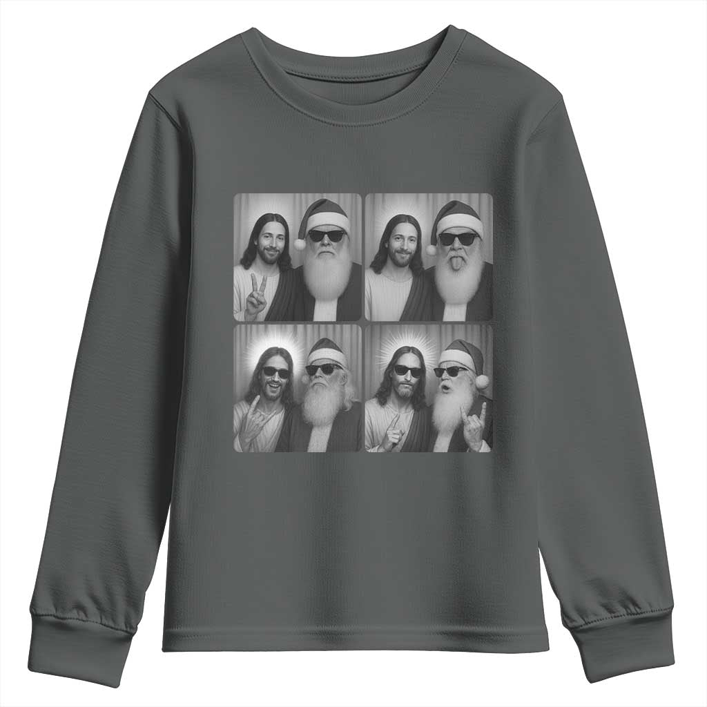 Funny Bigfoot Photobooth Christmas Youth Sweatshirt Sasquatch Jesus Christian Xmas TS14 Dark Heather Print Your Wear